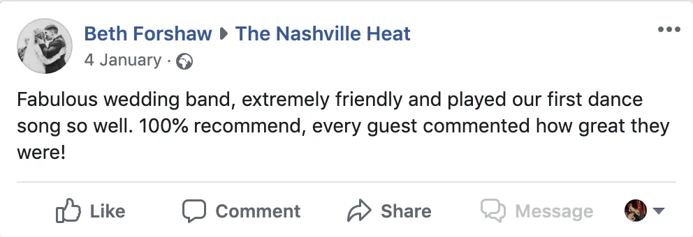 Facebook review from Beth Forshaw for The Nashville Heat praising the band as fabulous, extremely friendly, and recommending their performance of the first dance song.